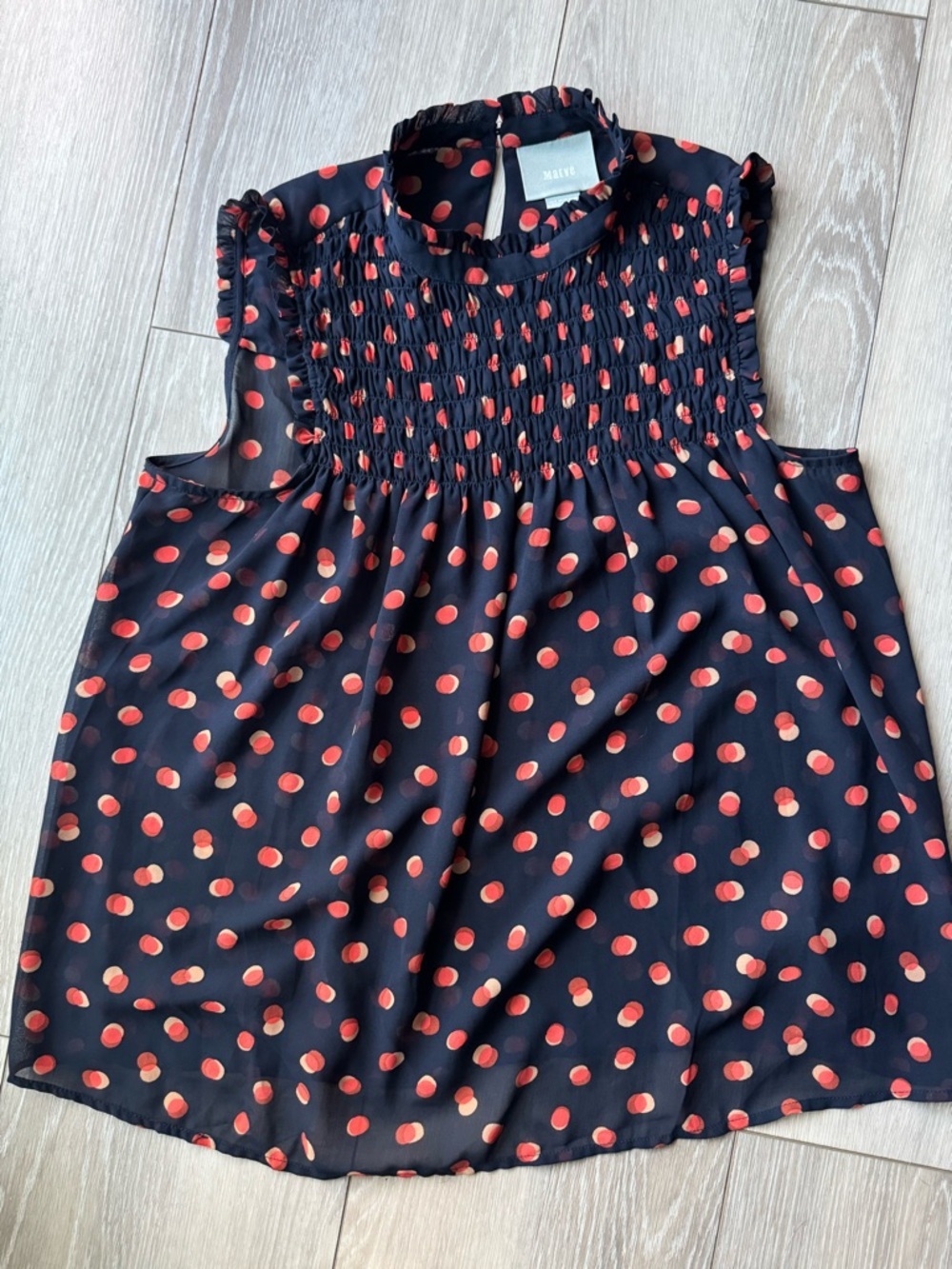 Maeve Navy Top with Coral Red Polka Dots